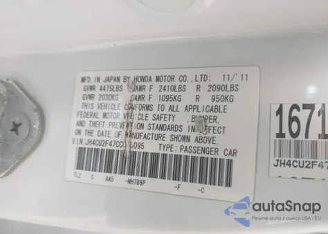 2012 Acura Tsx 2.4 z USA, uszkodzony, nr VIN JH4CU2F47CC010095